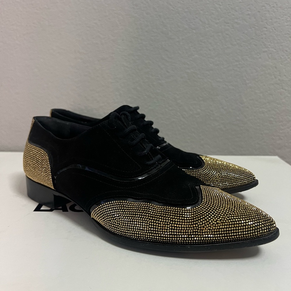 Giuseppe Zanotti women’s suede rhinestone Black and Gold Oxford brogue Shoes- 39